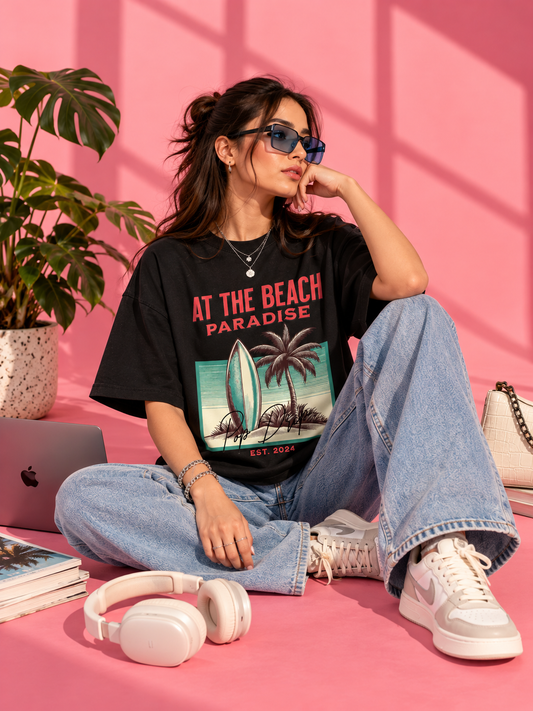 Beach Paradise Drop-Shoulder T-Shirt | Black