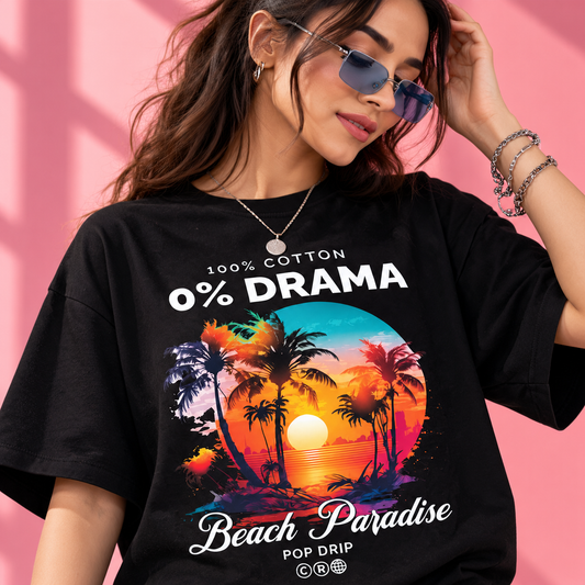 Sunlit Tropical Beach Paradise Drop-Shoulder T-Shirt | Black