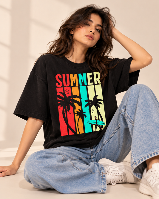 Vintage Summer Surf Graphic Drop-Shoulder T-Shirt | Black