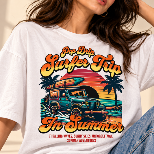 Retro Surfer Trip Drop-Shoulder T-Shirt | White