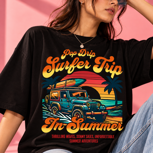 Surfer Trip In Summer Drop-Shoulder T-Shirt | Black