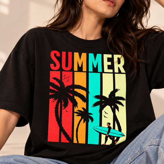 Vintage Summer Surf Graphic Drop-Shoulder T-Shirt | Black