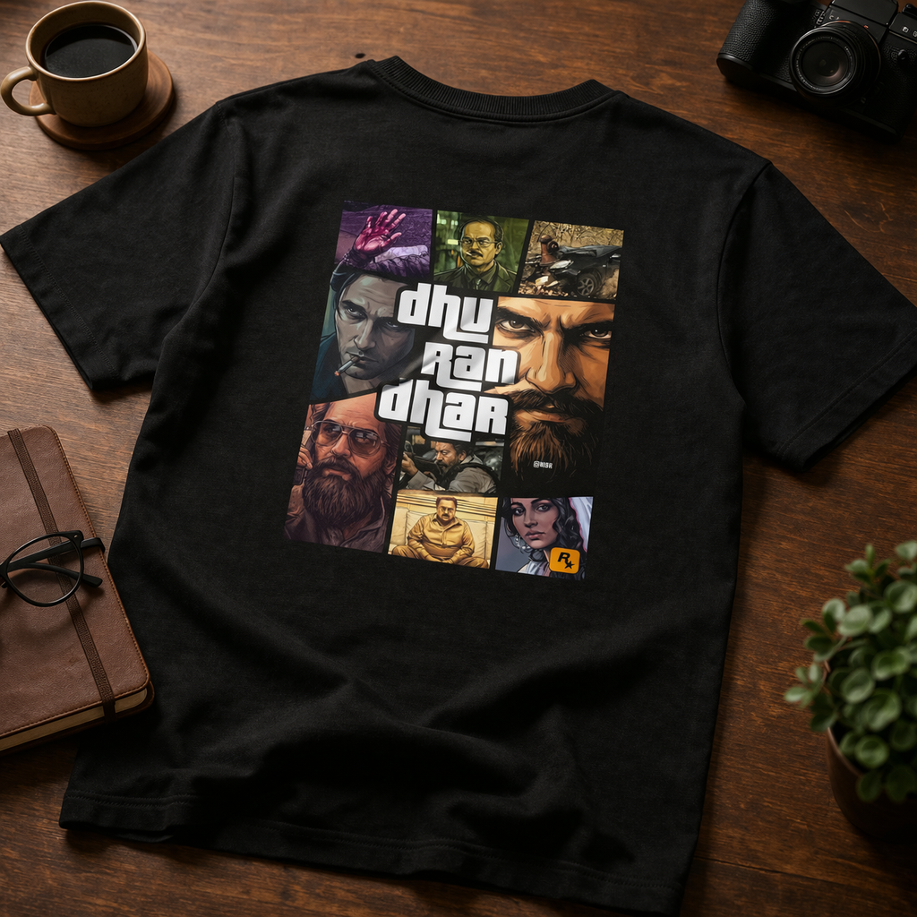 Dhurandhar GTA Style Drop-Shoulder T-Shirt – Men & Women | Black