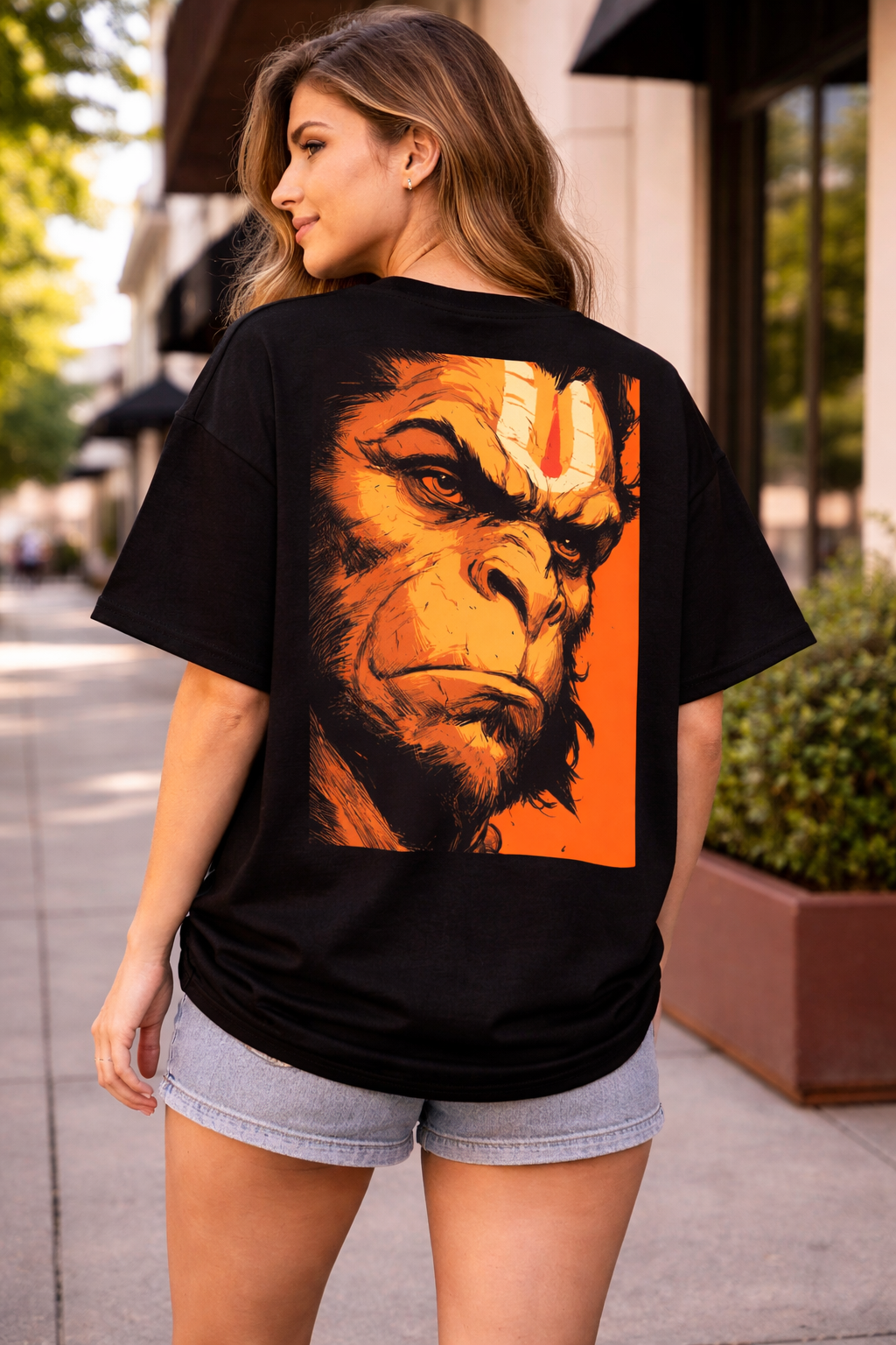 Hanuman Graphic Drop-Shoulder T-Shirt – Men & Women | Black
