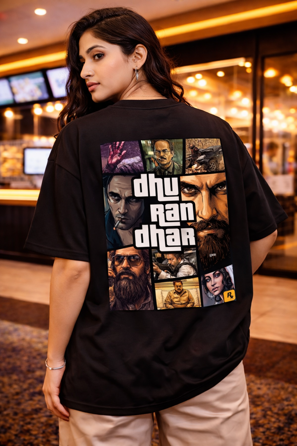 Dhurandhar GTA Style Drop-Shoulder T-Shirt – Men & Women | Black