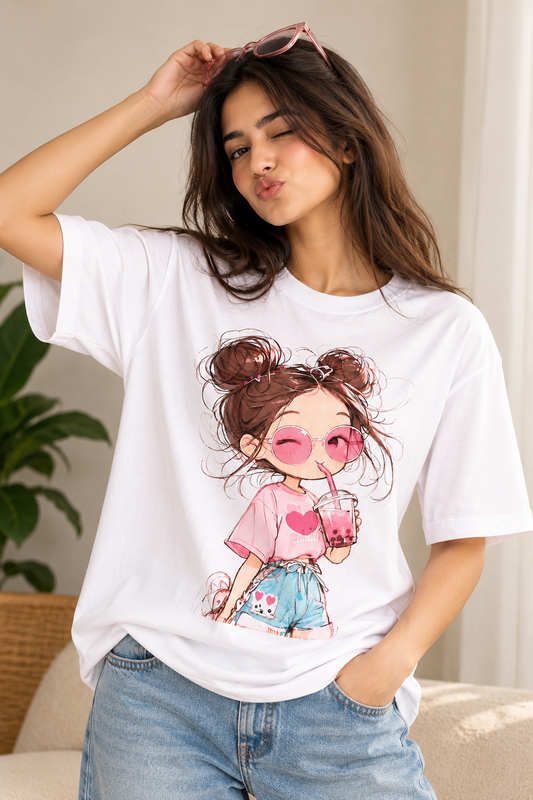 Kawaii Boba Girl Tee Top – Women | White