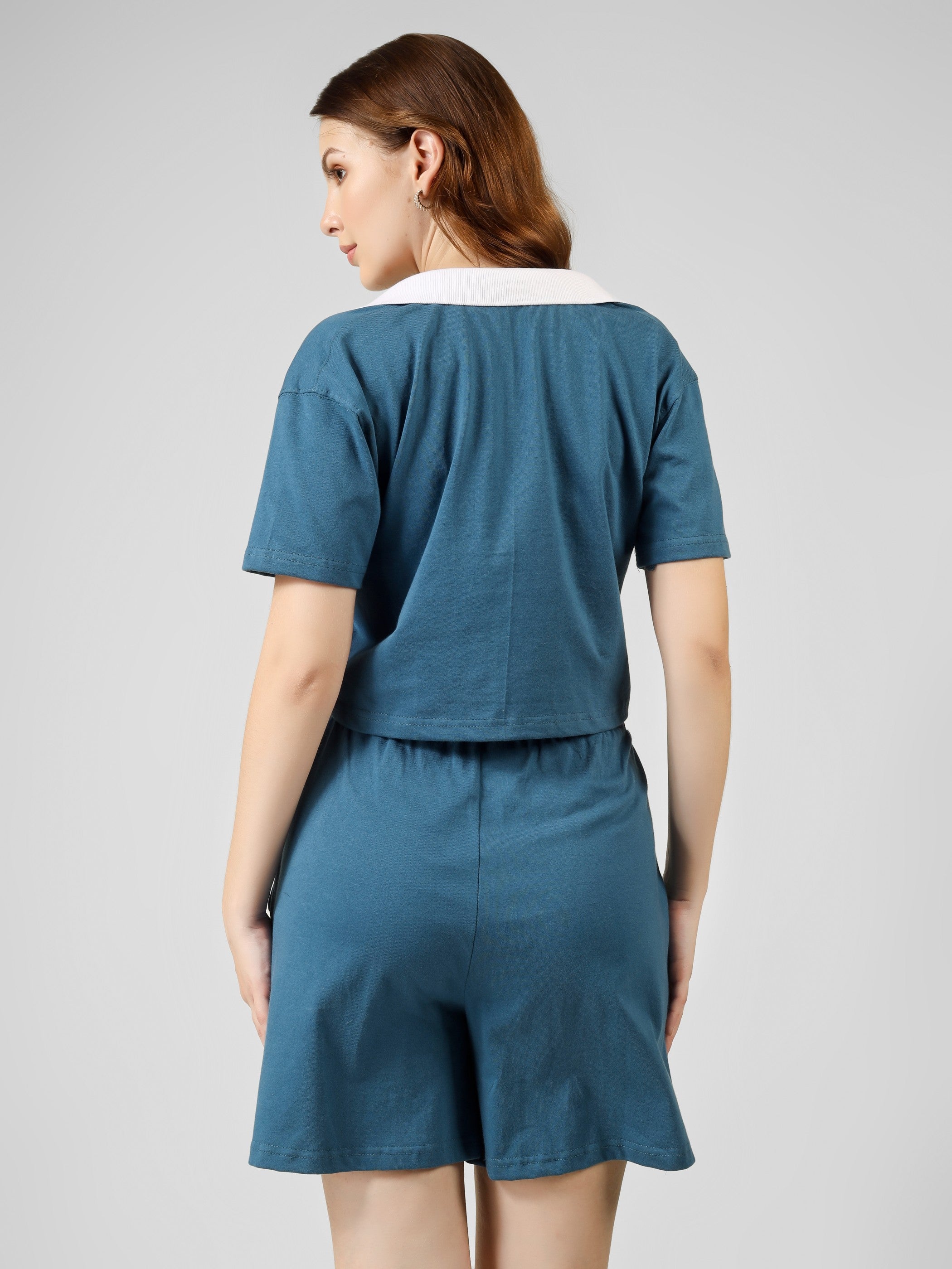 Polo Crop Co-ord Set| 100% Cotton – Women | Teal & White
