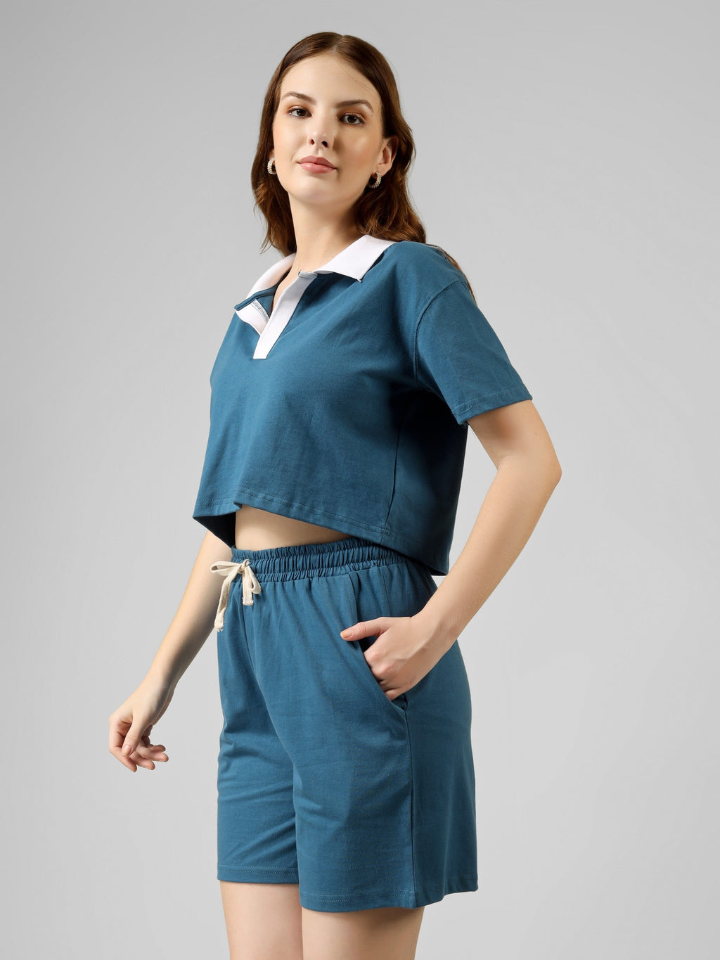 Polo Crop Co-ord Set| 100% Cotton – Women | Teal & White