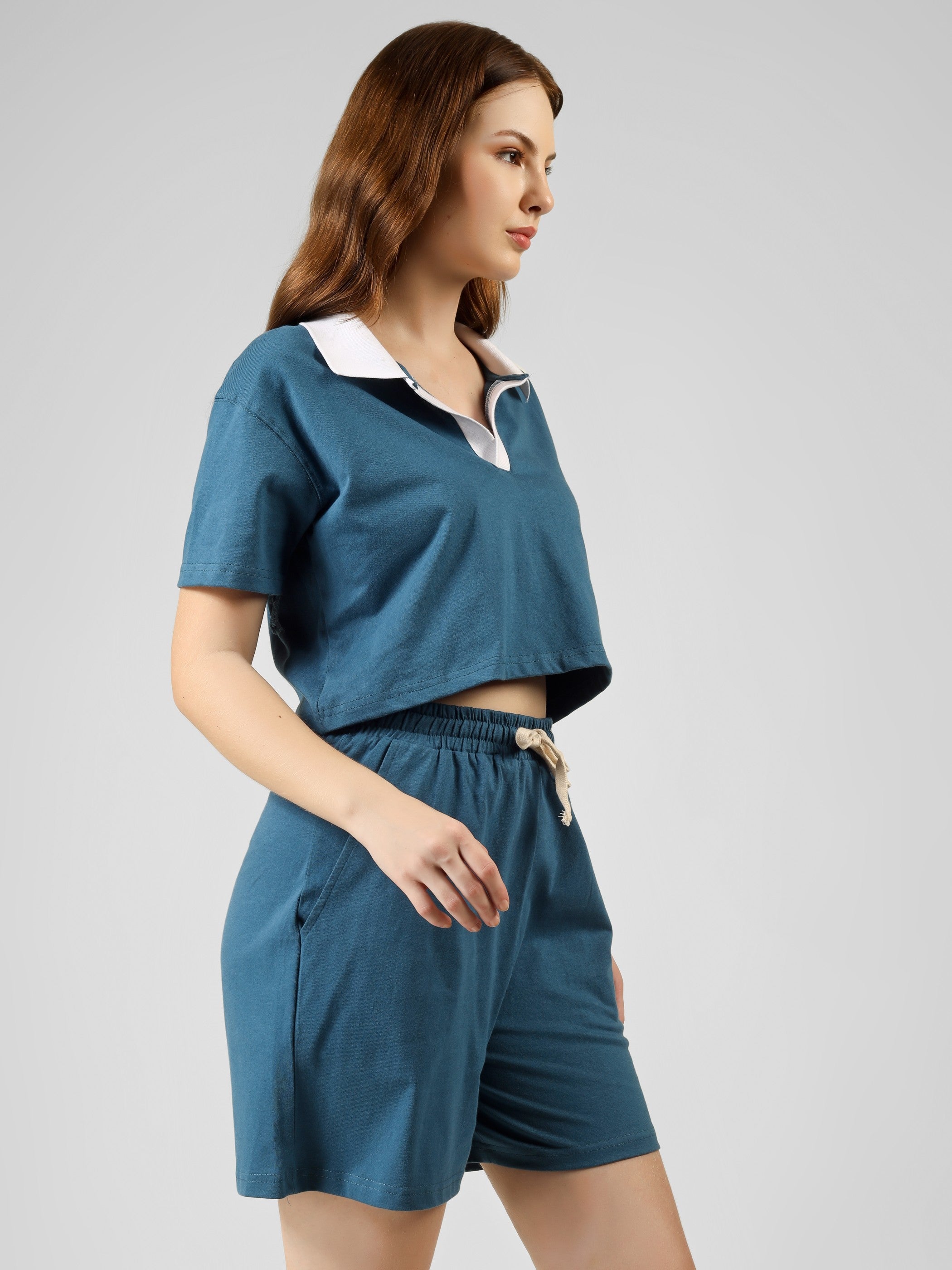 Polo Crop Co-ord Set| 100% Cotton – Women | Teal & White