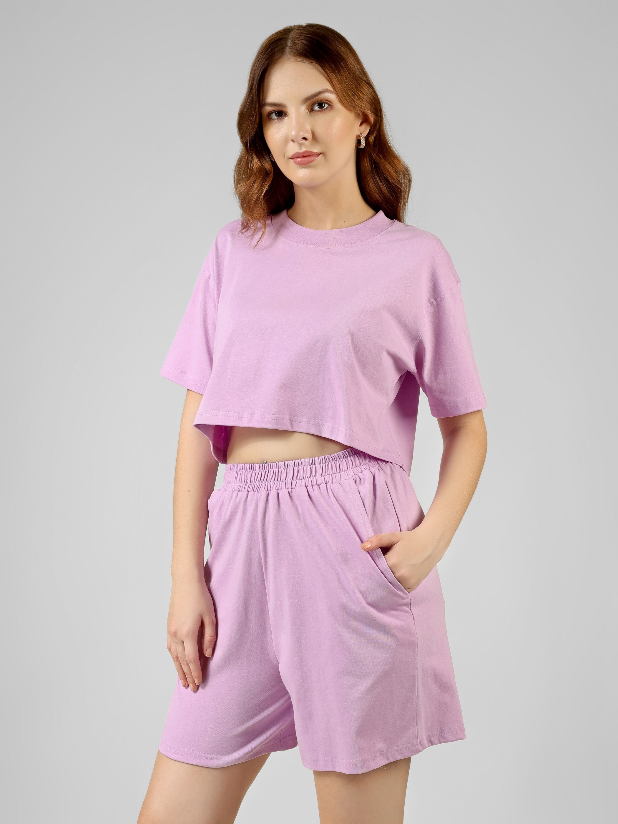 Crop Co-ord Set-Solid | 100% Cotton – Women | Lovely Lavender