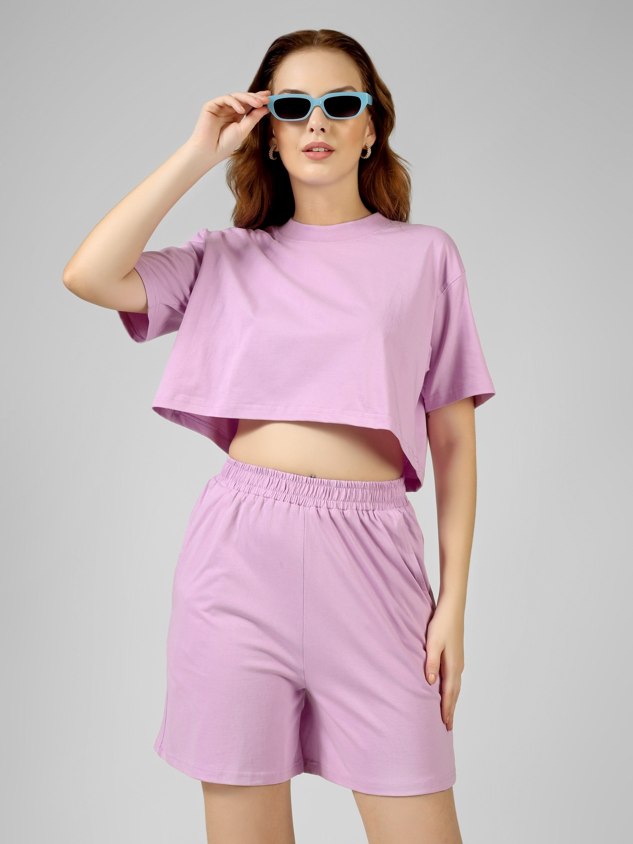 Crop Co-ord Set-Solid | 100% Cotton – Women | Lovely Lavender