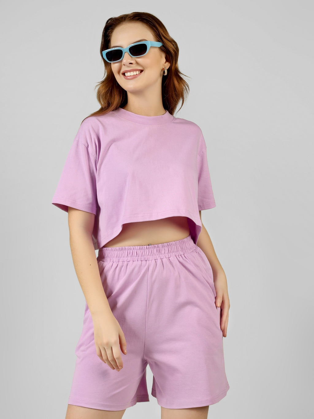 Crop Co-ord Set-Solid | 100% Cotton – Women | Lovely Lavender