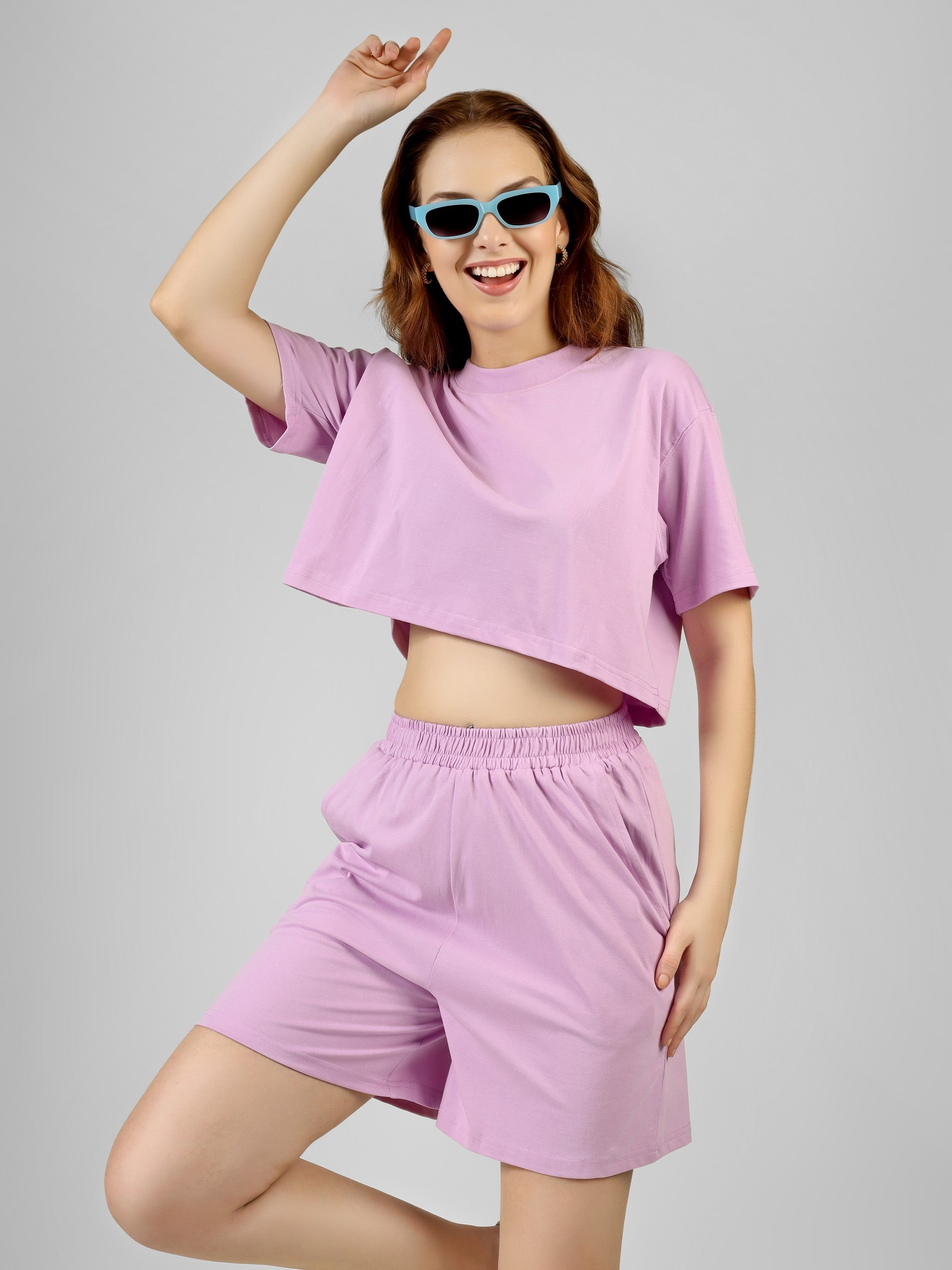 Crop Co-ord Set-Solid | 100% Cotton – Women | Lovely Lavender