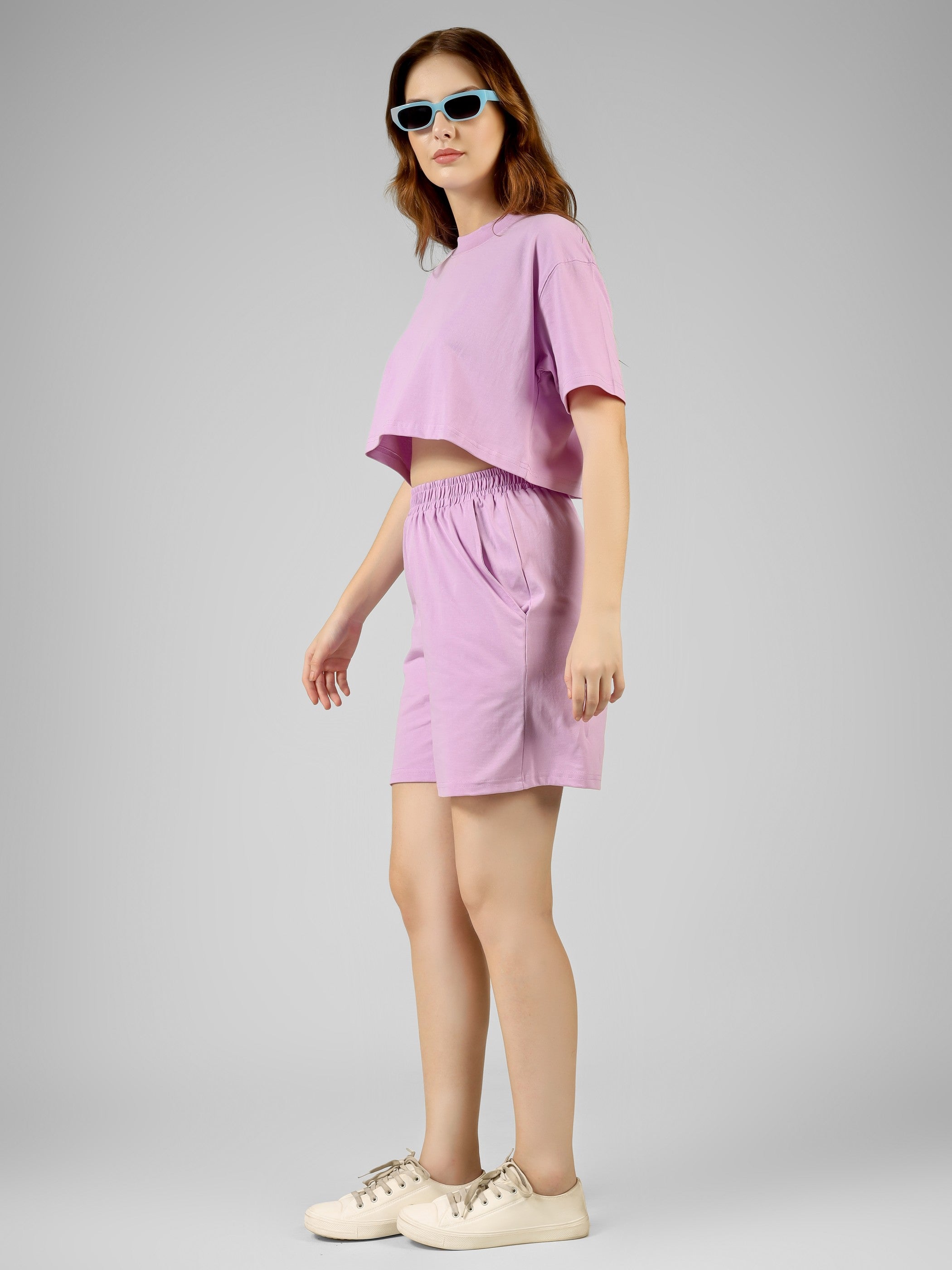 Crop Co-ord Set-Solid | 100% Cotton – Women | Lovely Lavender