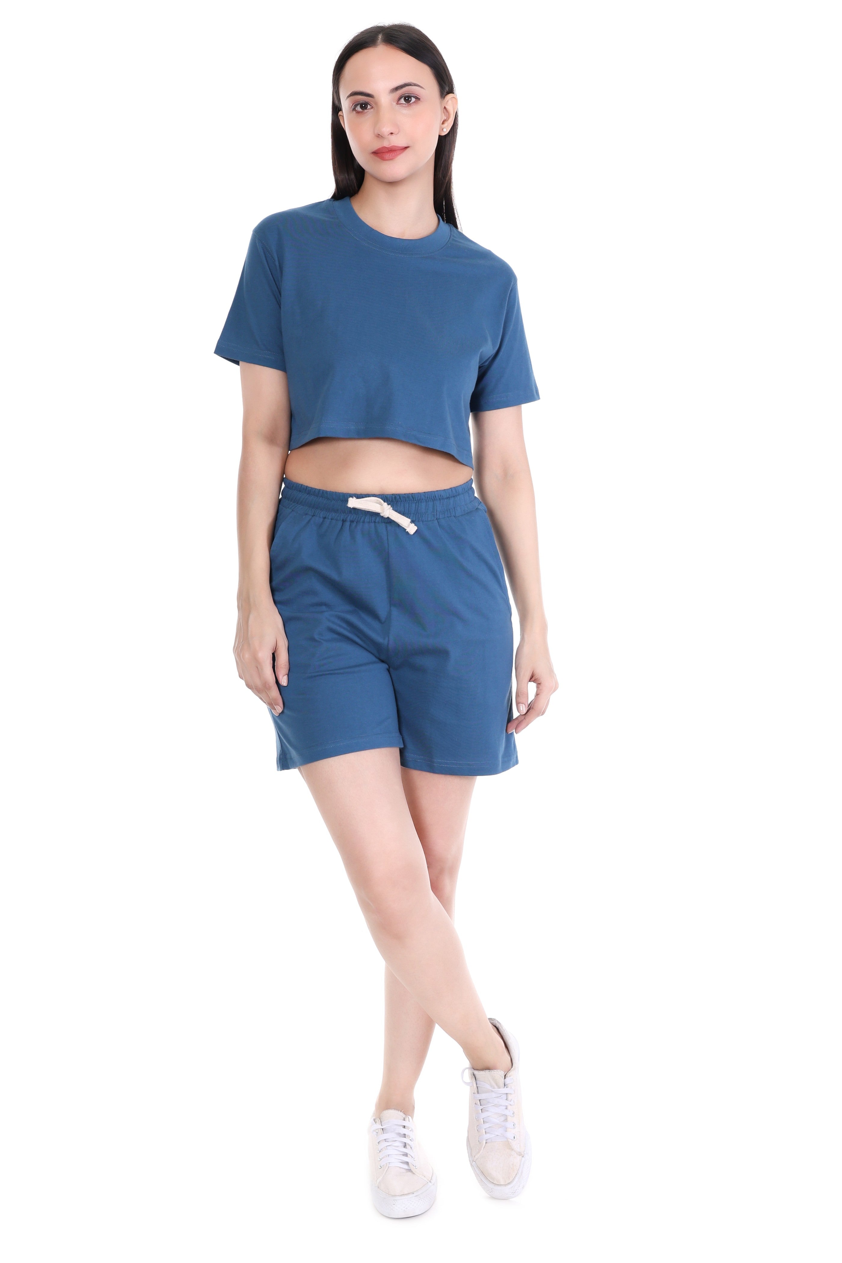 Crop Co-ord Set-Solid | 100% Cotton – Women | Tasty Teal