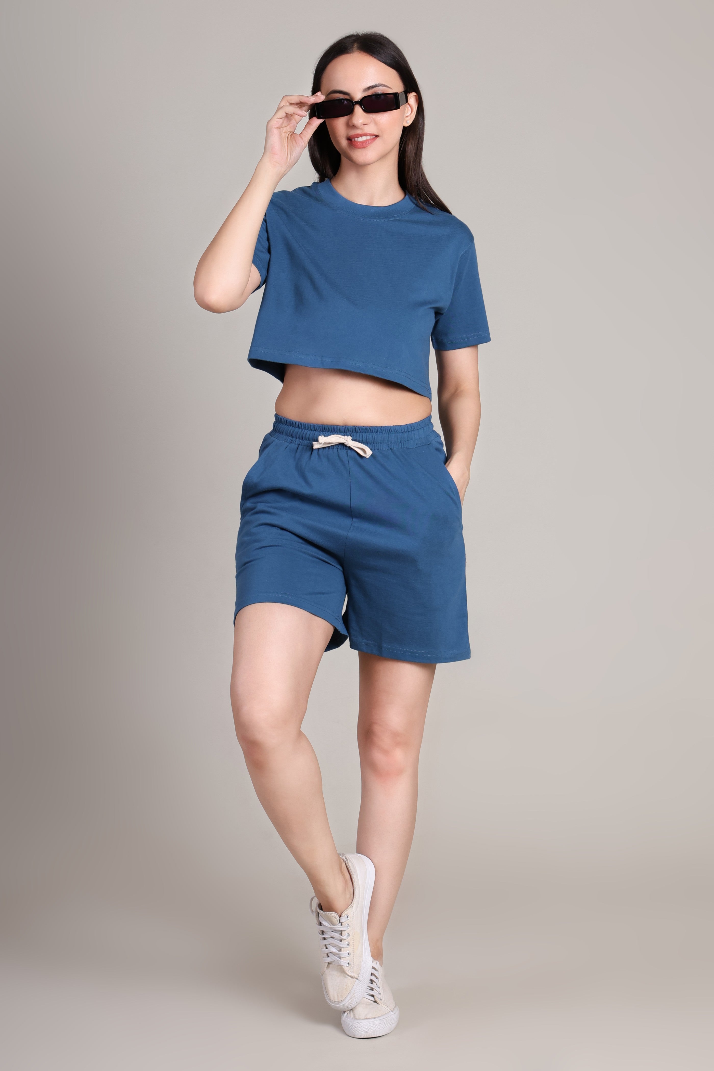 Crop Co-ord Set-Solid | 100% Cotton – Women | Tasty Teal