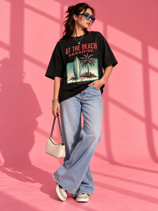Beach Paradise Drop-Shoulder T-Shirt |  Black