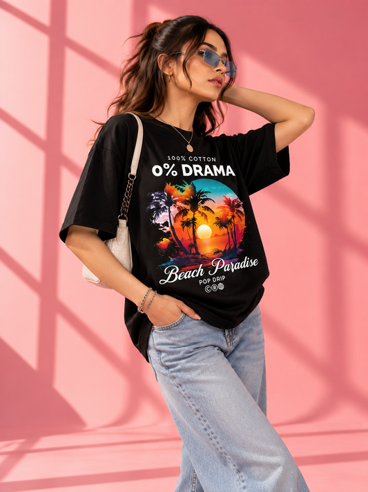 Sunlit Tropical Beach Paradise Drop-Shoulder T-Shirt |  Black