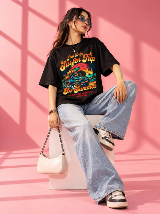Surfer Trip In Summer Drop-Shoulder T-Shirt |  Black