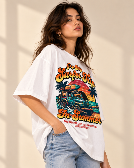 Retro Surfer Trip Drop-Shoulder T-Shirt |  White