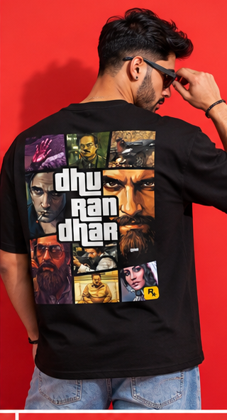 Dhurandhar GTA Style Drop-Shoulder T-Shirt – Men & Women | Black