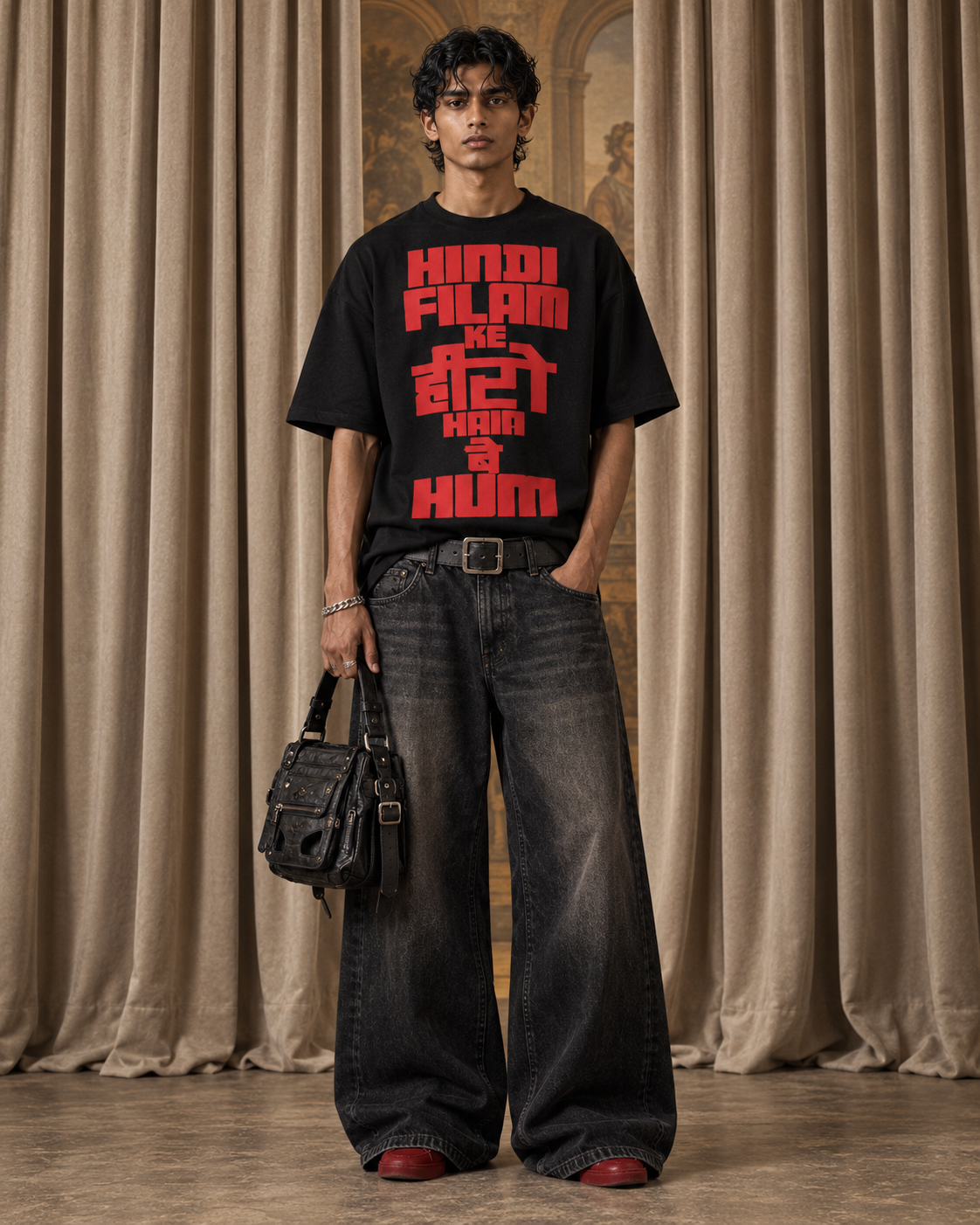 Mirzapur Dialogue Oversized Drop-Shoulder T-Shirt – Men & Women | Black – alternate product view 2